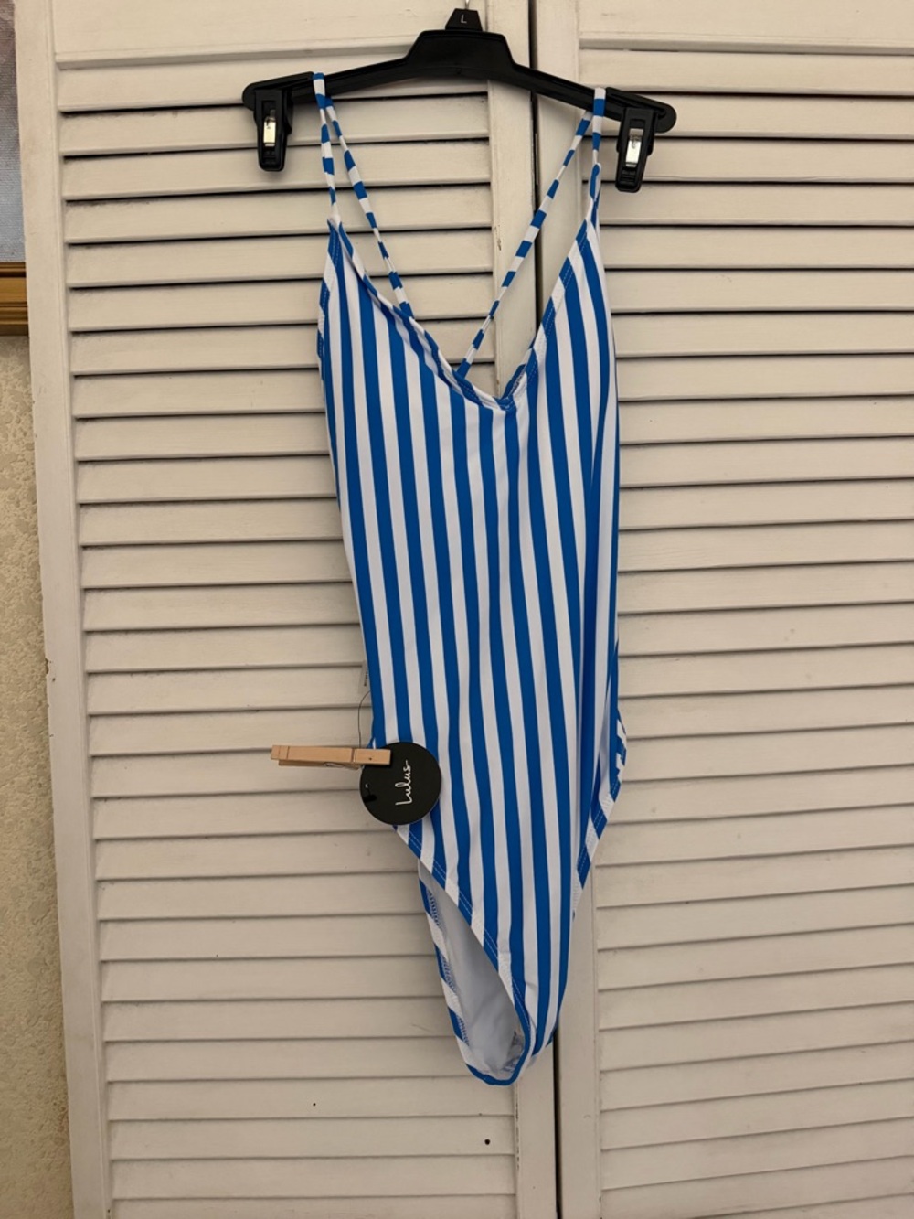NEW Lulu's Blue and White Striped Lace up back One-Piece - Picture 3 of 12